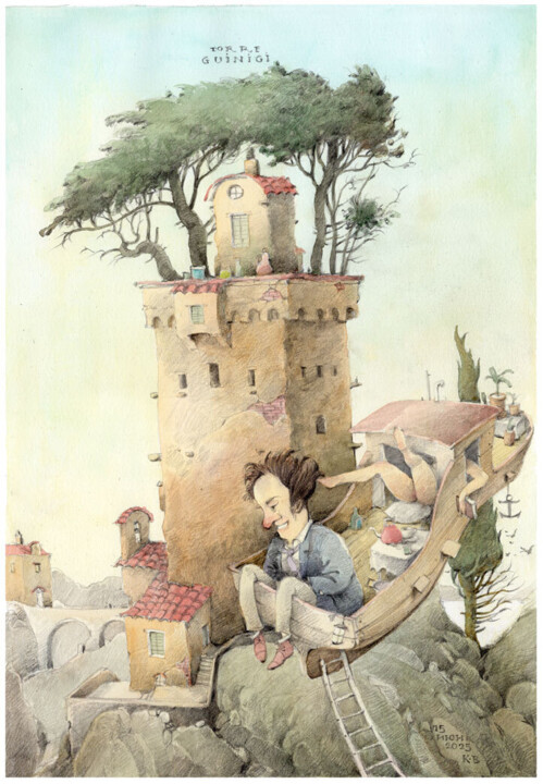 Drawing titled "Torre Guinigi. man…" by Valery K, Original Artwork, Watercolor
