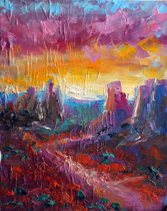 绘画 标题为“Sedona Sunset Arizo…” 由Dr. Barmely, 原创艺术品, 油 安装在纸板上