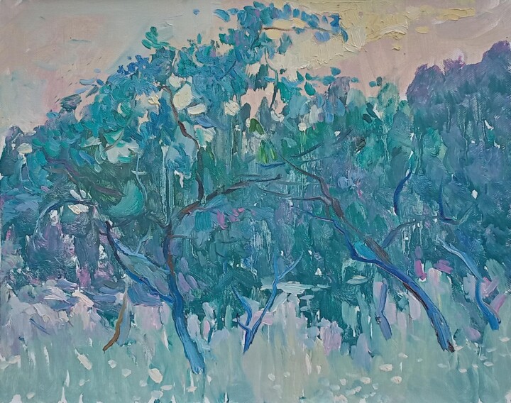 Blue Garden Painting, 15.8x19.7 in