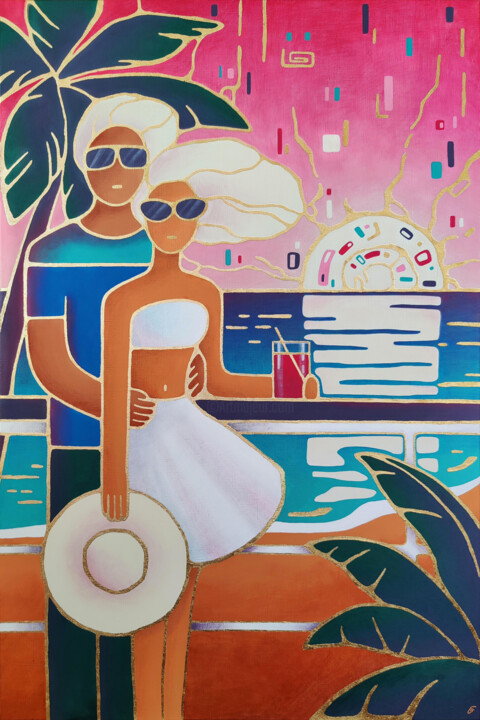 Meeting the sunset, acrylic painting with gold foil Картина, 47,2x31,5 in