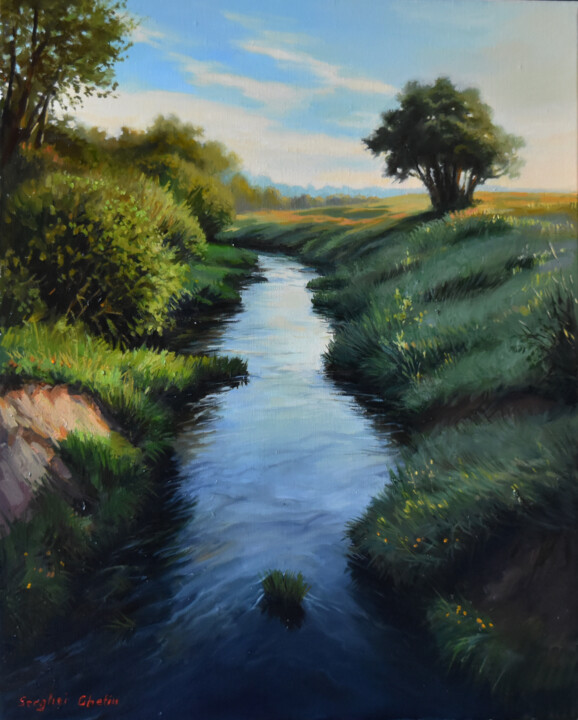 Painting titled "A summer evening" by Serghei Ghetiu, Original Artwork, Oil Mounted on Wood Stretcher frame
