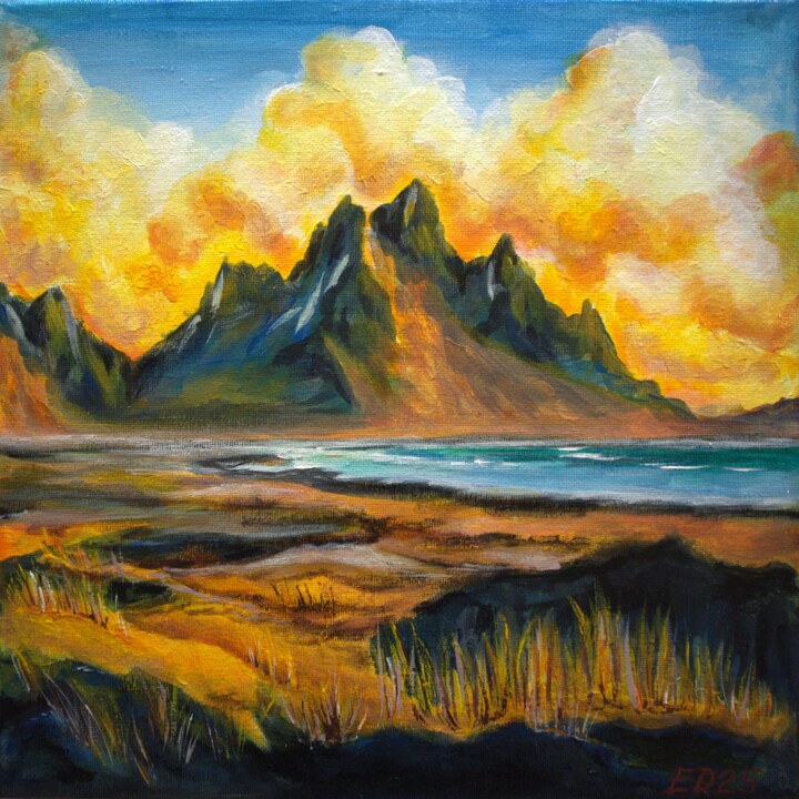 Painting titled "Mare e monti" by Elena Dunaeva, Original Artwork, Acrylic Mounted on Wood Stretcher frame