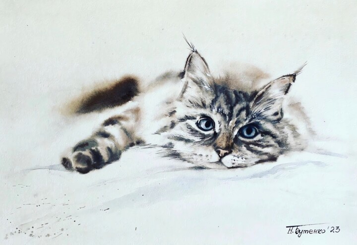 Look at me, original watercolor 绘画, 10.6x15 in
