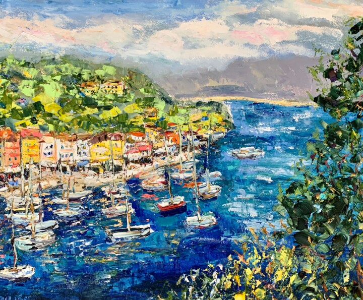 Painting titled "Portofino Coast Oil…" by Vilma Gataveckiene, Original Artwork, Oil