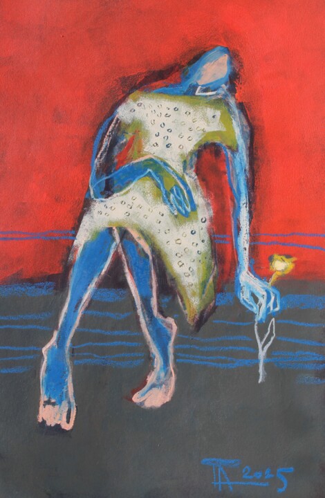 Mit einer Blume. Resim, 19,7x13,4 in