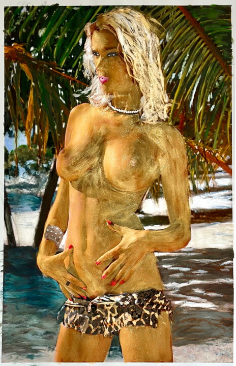 Brigitte Lahaie à la plage - Goldfinger Tablo, 35,4x25,6 in