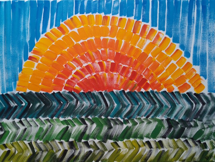 Painting titled "The reedlands - Sun…" by Wiesje Van Dam, Original Artwork, Acrylic Mounted on Wood Stretcher frame