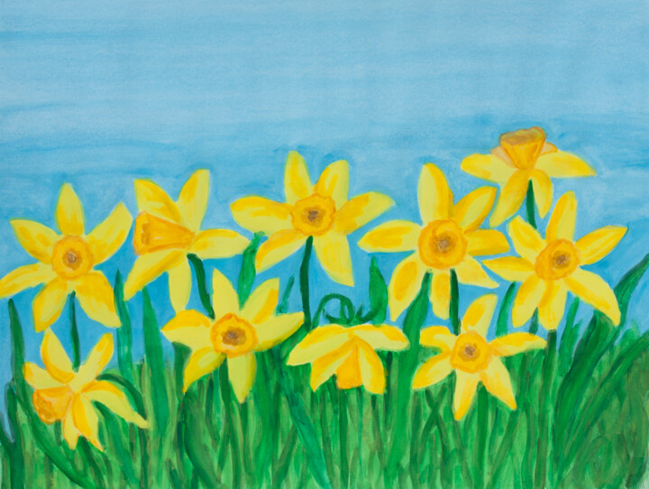 Yellow daffodiles on blue sky Peinture, 15,8x19,7 in