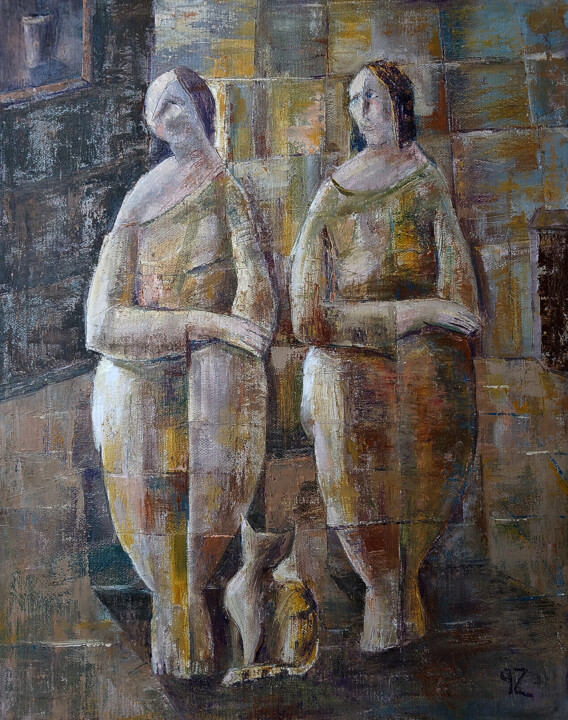 Two Women and a Cat 绘画, 19.7x15.8 in