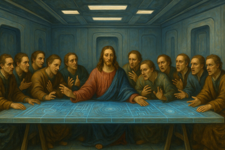 Arte digitale intitolato "Ultima Cena Quantica" da Giuseppe Cristadoro, Opera d'arte originale, Immagine generata dall'IA