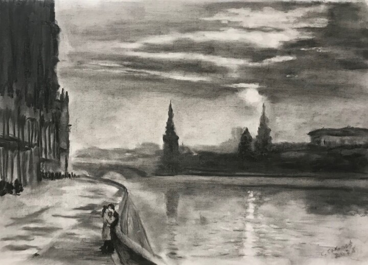 Drawing titled "Лунная ночь" by Sergei Sokolov, Original Artwork, Charcoal