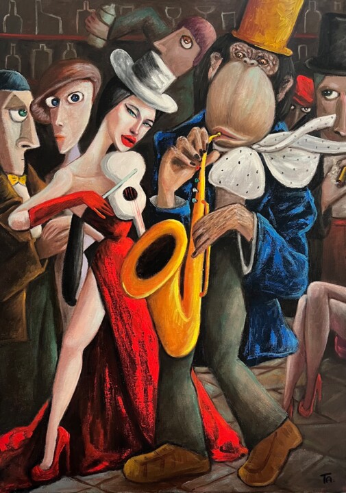 Painting titled "Lucy Liu plays viol…" by Ta Byrne, Original Artwork, Oil Mounted on Wood Stretcher frame