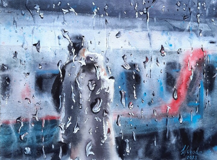Painting titled "At the station" by Marina Zhukova, Original Artwork, Watercolor