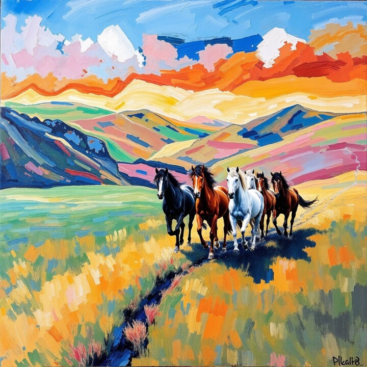Herd of wild horses galloping across lush fields. Dijital Sanat