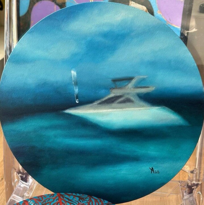 Painting titled "Through the ship's…" by Alexandra Uryasova, Original Artwork, Acrylic Mounted on Wood Stretcher frame