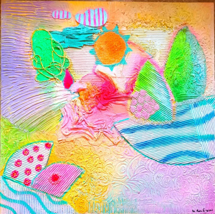 Collages titled "UN MAR DE PENSAMIEN…" by M. Ruiz Figueras, Original Artwork, Acrylic Mounted on Wood Stretcher frame