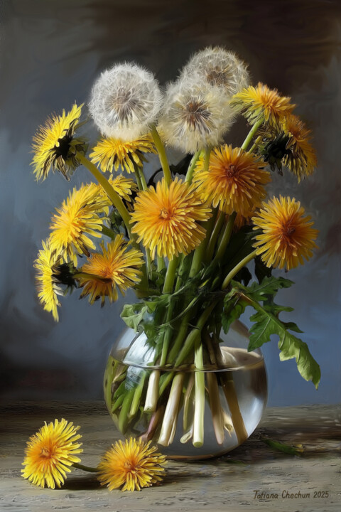 Painting titled "Dandelions in a gla…" by Tatjana Cechun, Original Artwork, Oil Mounted on Wood Stretcher frame