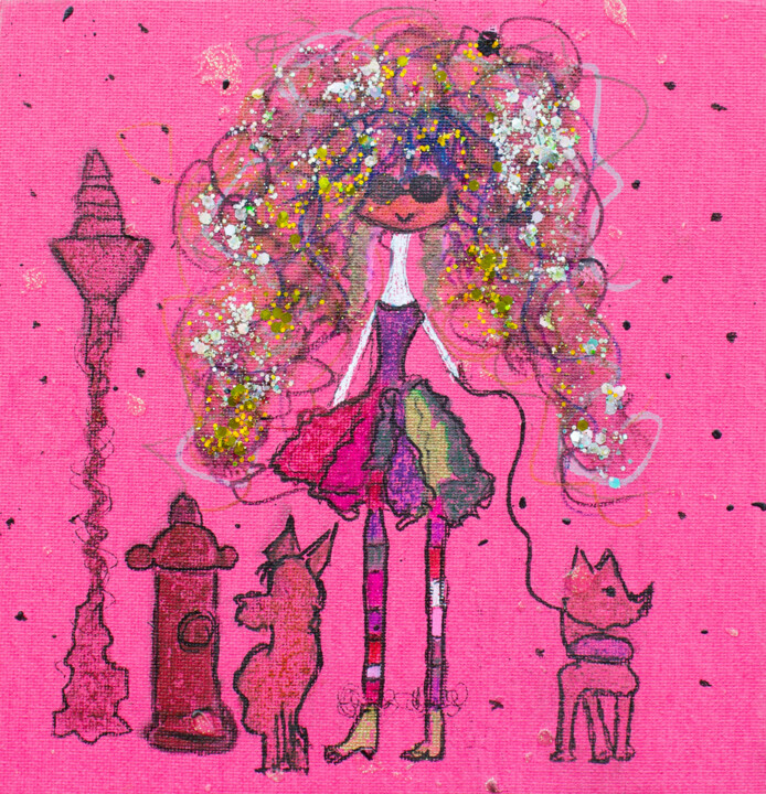 Madame promène ses chiens Tablo, 7,9x7,9 in