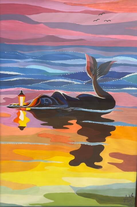 Painting titled "Mermaid" by Alexandra Uryasova, Original Artwork, Acrylic Mounted on Wood Stretcher frame