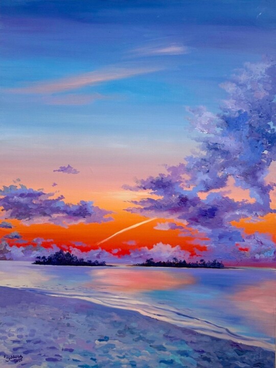 Painting titled "Sunset at the equat…" by Alexandra Uryasova, Original Artwork, Acrylic Mounted on Wood Stretcher frame