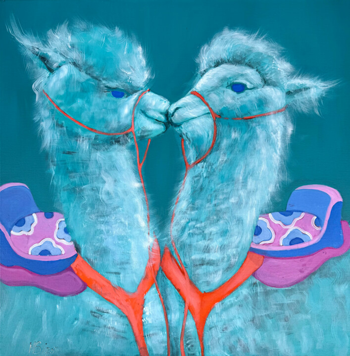 Painting titled "Love Llamas" by Mirasezar, Original Artwork, Acrylic Mounted on Wood Stretcher frame
