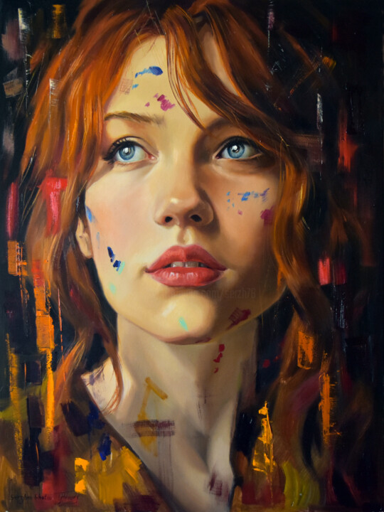 Painting titled "Contemporary woman…" by Serghei Ghetiu, Original Artwork, Oil Mounted on Wood Stretcher frame