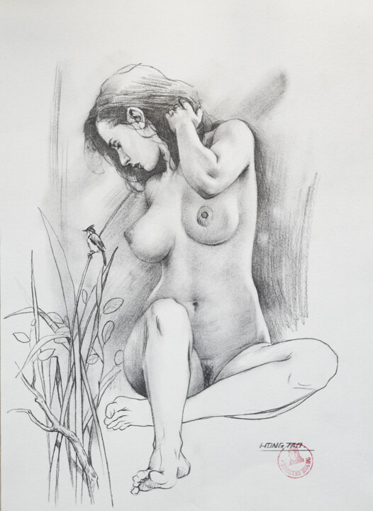 Рисунок под названием "Girl and bird" - Hongtao Huang, Подлинное произведение искусства, Карандаш