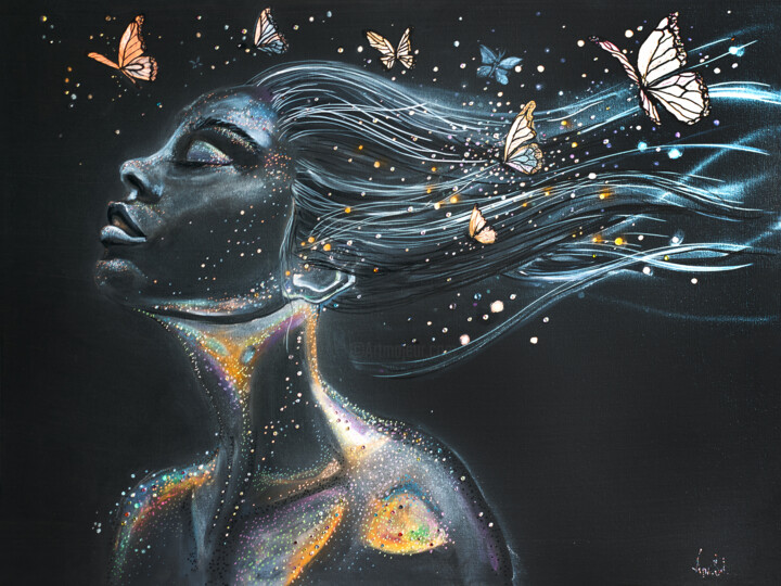 Painting "Flight of the Soul" Girl with Butterflies in Her H 绘画, 23x31 in