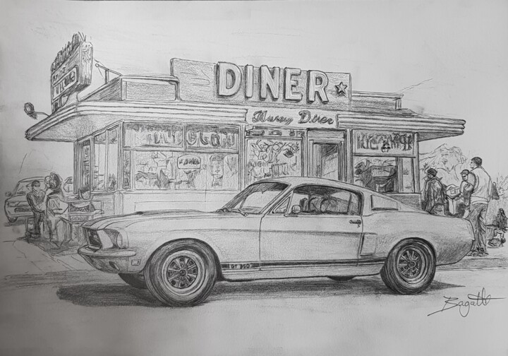 Classic Cars 1960s Ford Mustang Fastback GT350 - commission 图画, 12.2x17.3 in