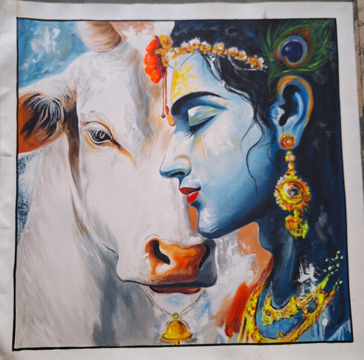 Krishna with cow painting on canvas Tablo, 36x36 in
