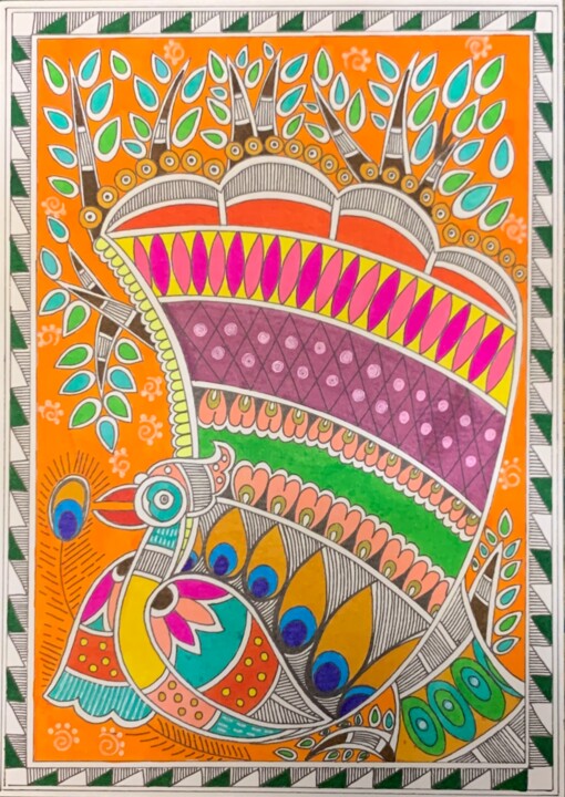 A charming peacock Dessin, 8,3x5,9 in