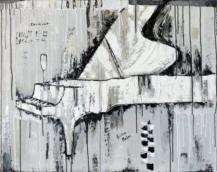 Claire de Lune: White Pearl Grand Piano Pittura, 28,7x36,2 in