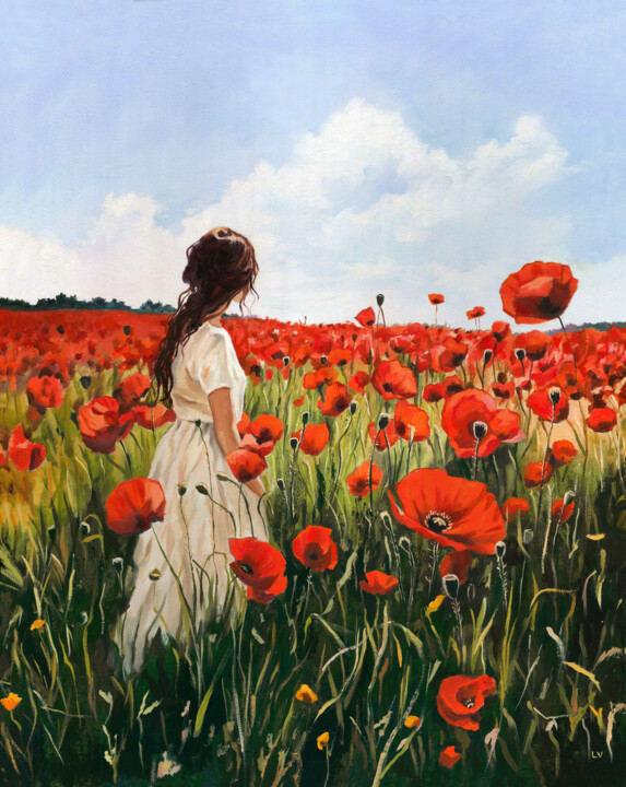 Painting titled "Woman in a red popp…" by Lucia Verdejo, Original Artwork, Oil Mounted on Wood Panel