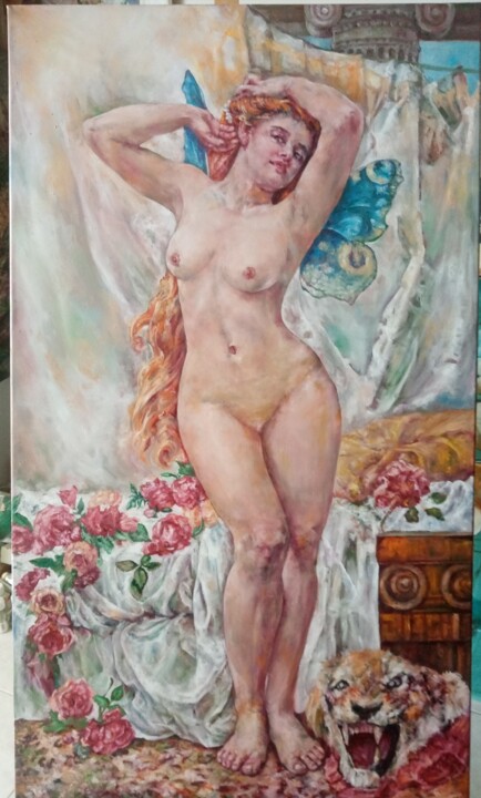 Painting titled "Naturally" by Elvira Nalbat, Original Artwork, Oil Mounted on Wood Stretcher frame