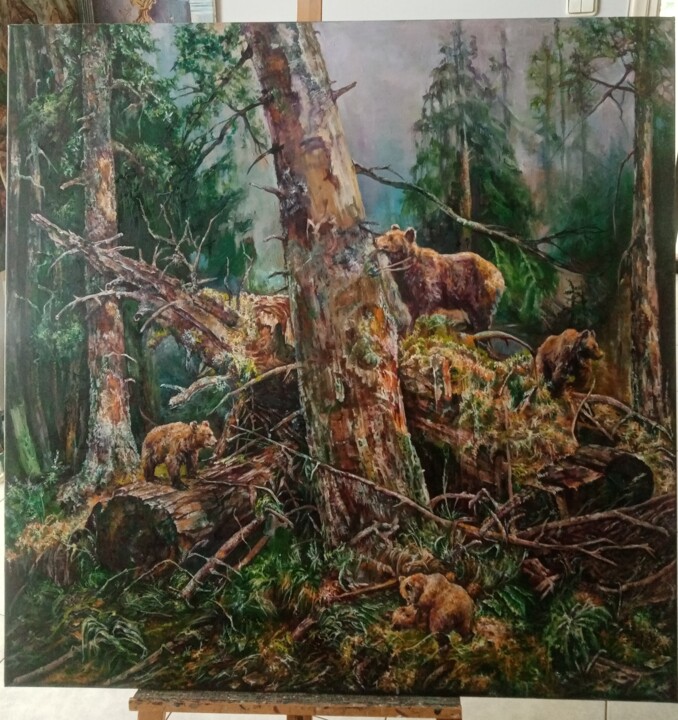 Painting titled "Forest" by Elvira Nalbat, Original Artwork, Oil Mounted on Wood Stretcher frame