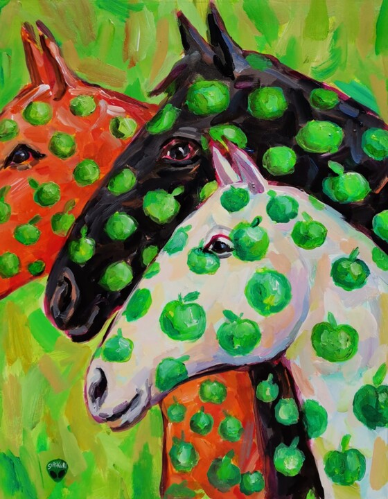 The Dappled Horses of the alien frenzied artist Serg Kuri Painting, 19.7x15.8 in