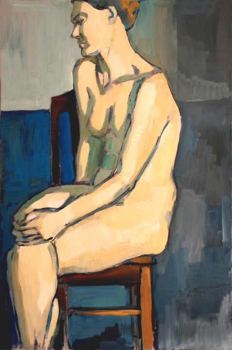 Painting titled "Nude in a blue-gree…" by Liudmila Iliuchina, Original Artwork, Oil