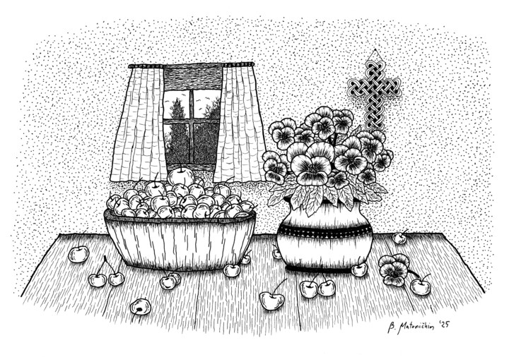 「Cherries and Pansies」というタイトルの描画 Boris Matoničkinによって, オリジナルのアートワーク, インク