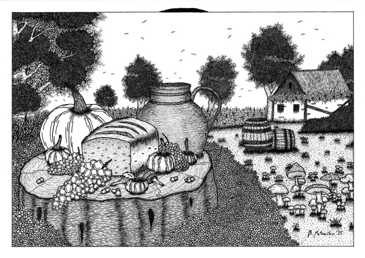 「Vineyard Scene II」というタイトルの描画 Boris Matoničkinによって, オリジナルのアートワーク, インク