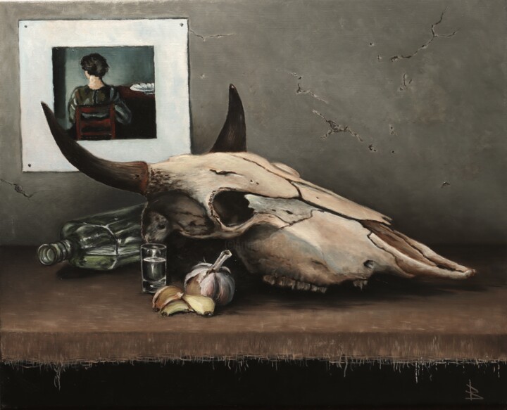 Painting titled "Vodka and garlic" by Oleg Baulin, Original Artwork, Oil Mounted on Wood Stretcher frame