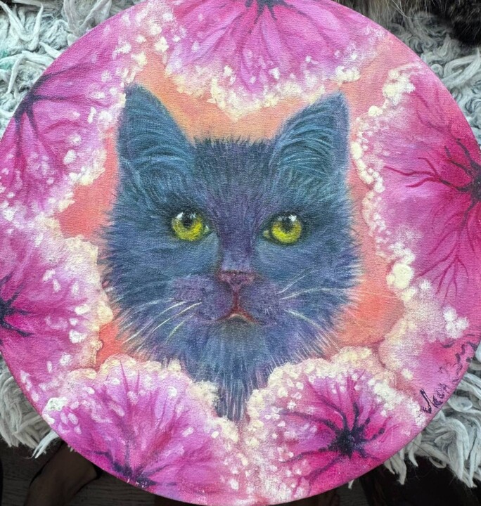Gray Cat in Bloom 绘画, 11.8x11.8 in