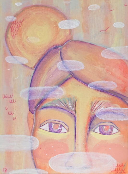 Dreamy Freckled Woman Portrait - Naive Boho Style Acrylic 绘画, 7.9x5.9 in