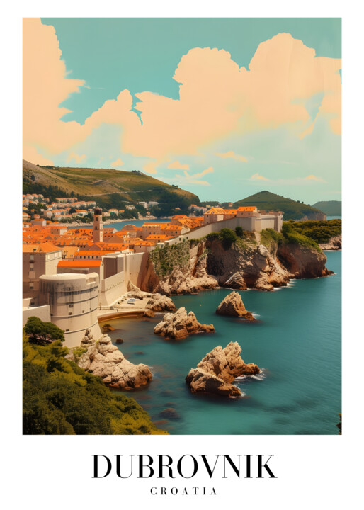 "Dubrovnik Coastal E…" başlıklı Dijital Sanat 春宇 关 tarafından, Orijinal sanat, AI tarafından oluşturulan görüntü Karton üzer…