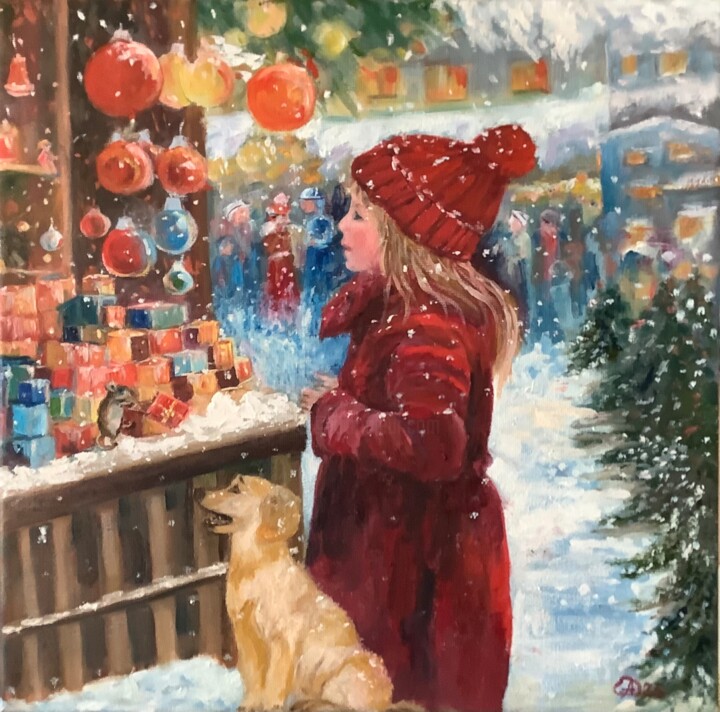 Malarstwo zatytułowany „Christmas Shop Wind…” autorstwa Antonina Dunaeva, Oryginalna praca, Olej
