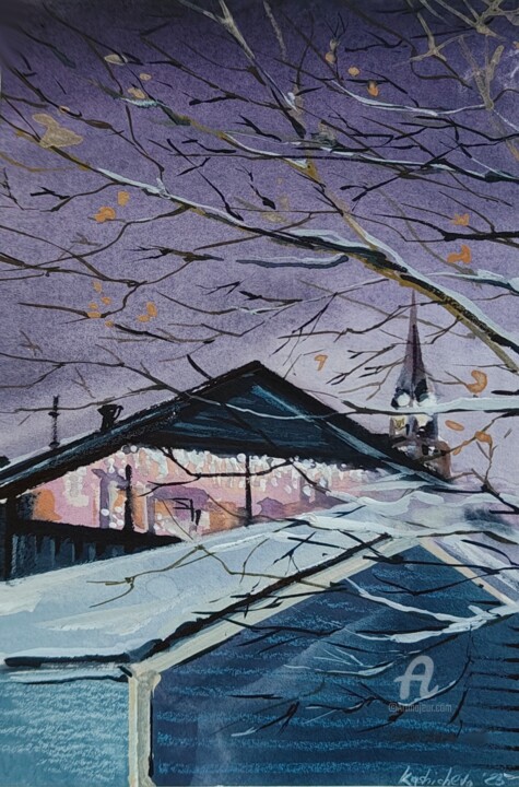 Painting titled "Twilight Over the R…" by Elena Kashicheva, Original Artwork, Watercolor