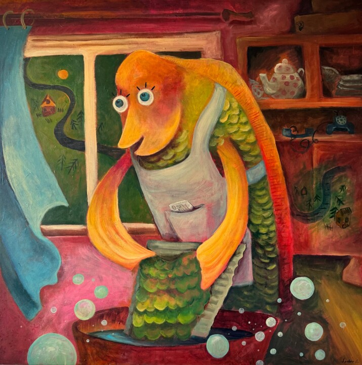Painting titled "Laundry day" by Anastasiia Lodde, Original Artwork, Acrylic Mounted on Wood Stretcher frame