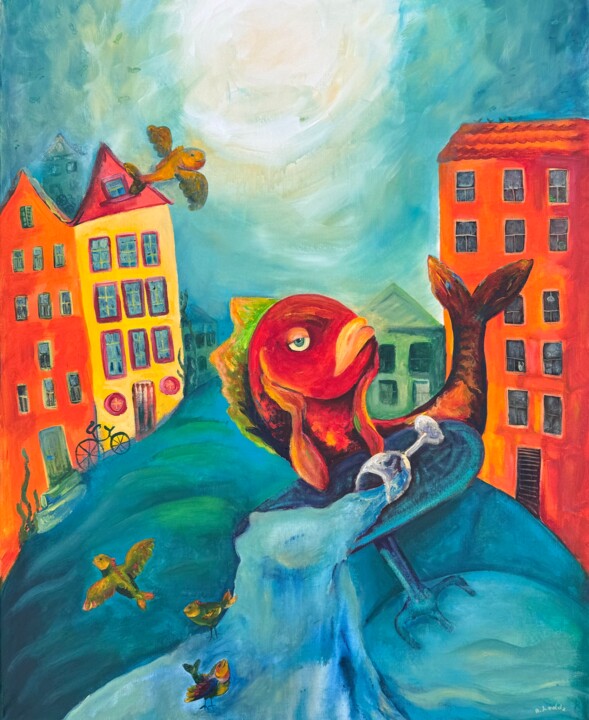 Painting titled "The accident" by Anastasiia Lodde, Original Artwork, Acrylic Mounted on Wood Stretcher frame