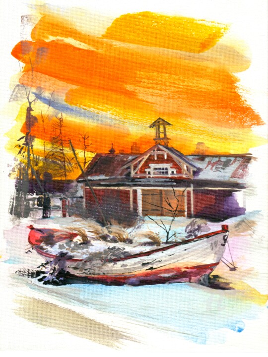 Painting titled "Rustic Dawn" by Elena Kashicheva, Original Artwork, Watercolor Mounted on Other rigid panel