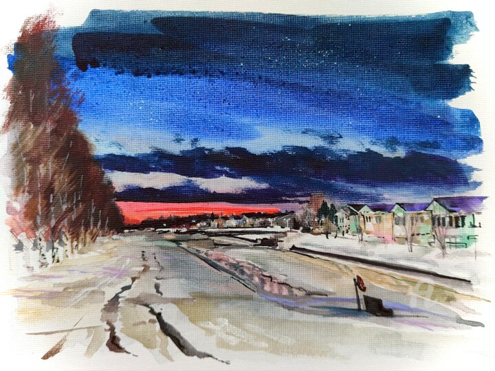 Painting titled "Silent Evening Glow" by Elena Kashicheva, Original Artwork, Watercolor Mounted on Other rigid panel
