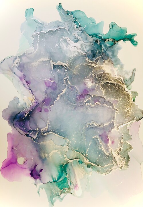 Abstract Ocean Flow - Aqua, Lilac & Gold Movement 绘画, 19.7x13.8 in
